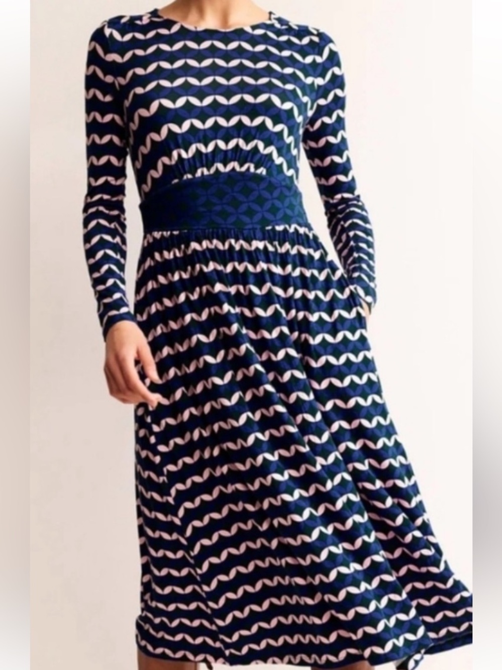 Boden Thea Navy and Pink Patterned Long Sleeve Dress with Contrasting Waist